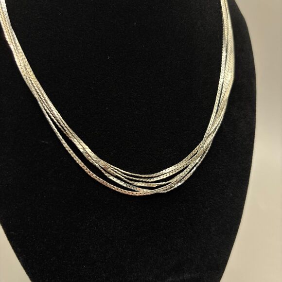 Trifari Silver Plated Multi Strand Herringbone Necklace Layered Chain 18" 1980s - Picture 7 of 7
